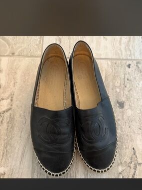 CHANEL Black Leather Espadrille Slip-Ons with CC Logo